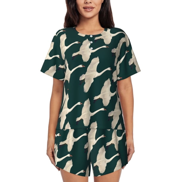 Balery Flying Swans Conjunto de Pijama para Mujer con Estampado, Dos Piezas de Manga Corta y Shorts, Ropa de Dormir Suave con Cuello Redondo y Bolsillos-Large