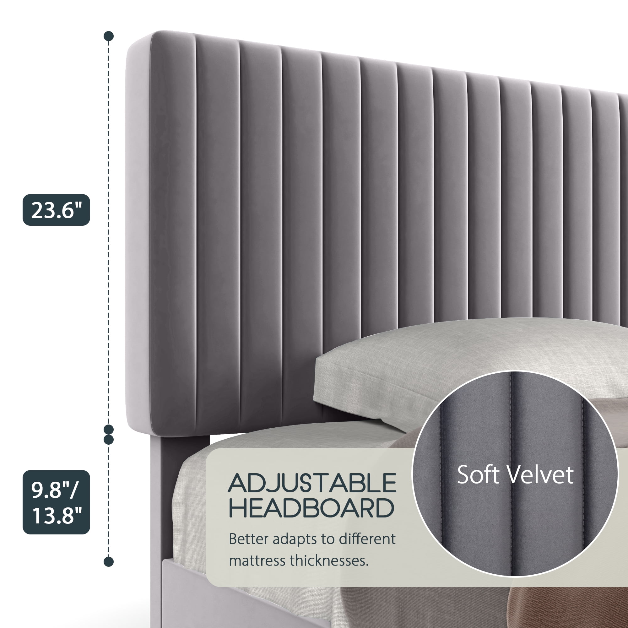 Einfach Full Size Platform Bed Frame with Upholstered Adjustable Velvet Vertical Tufted Headboard, Grey