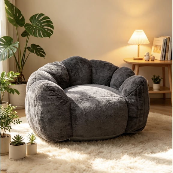 Antique Grey Faux Rabbit Fur Large Petal Floor Lounge Chair for Living Room Bedroom Game Room