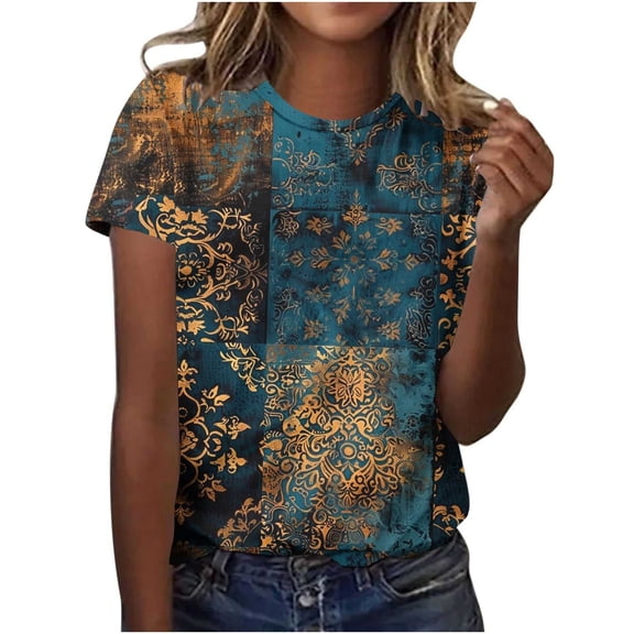 Yotami Women's Plus Size Graphic Top Short Sleeve Summer Tops for Vacation Crewneck Floral Print Trendy Casual Top Multicolor S