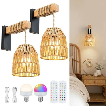 Glitnous Rechargeable Wall Sconce, Battery Operated Wall Sconce with Remote Control, Boho Rattan Hanging Wall Sconce Wireless for Bedroom, Living Room, Entryway