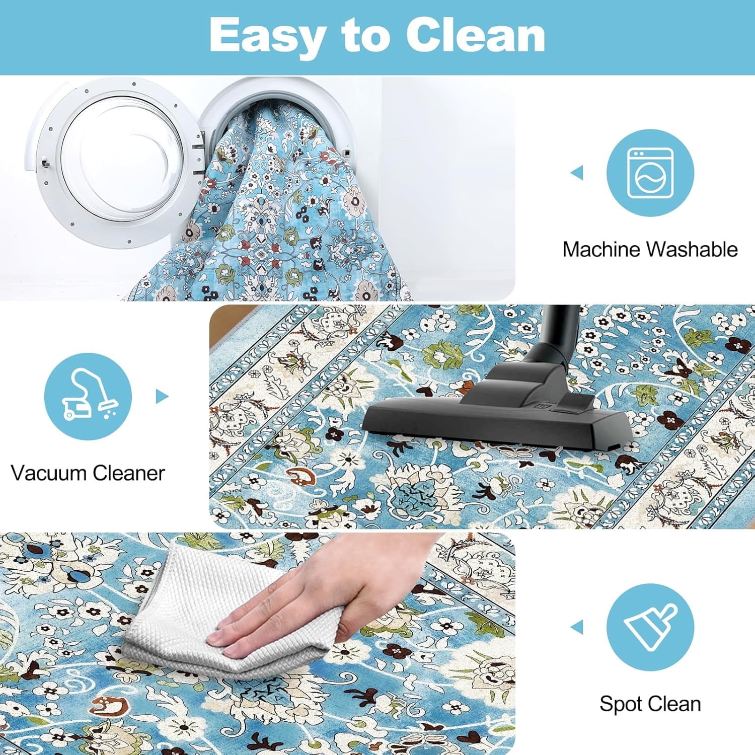 MJIAexp 2' x 6' Boho Floral Kitchen Runner Rug Machine Washable Runner Rug Non-Slip Hallway Runner Laundry Rug Throw Carpet for Living Room Bedroom Dining Room Entryway Kitchen Blue