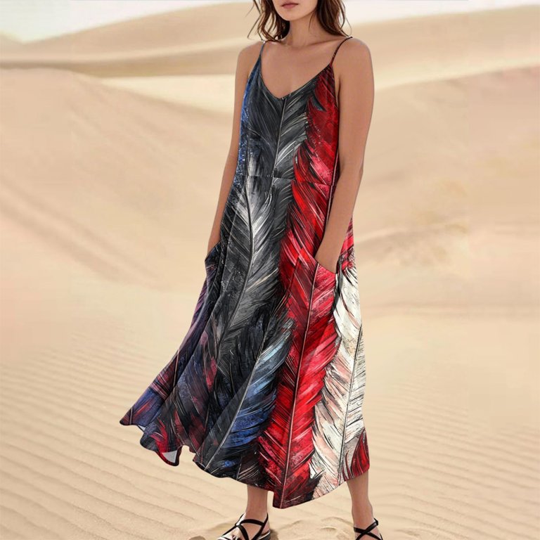 Women's Sleeveless Feather Print V-Neck Maxi Dress, Lightweight Flowy  Summer Beach Sundress for Independence Day 4th of July ,Red XL - Walmart.com