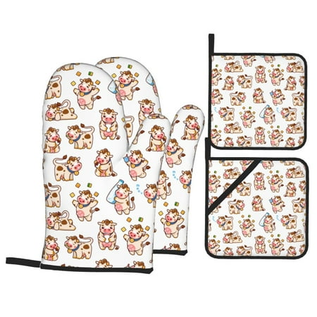 

Oven Mitts and Pot Holders Sets 4 pcs Farm Cow Animal Non-Slip Oven Gloves Potholders Soft Quilted Lining Heat Resistant Gloves Hot Pads for Kitchen Cooking Baking