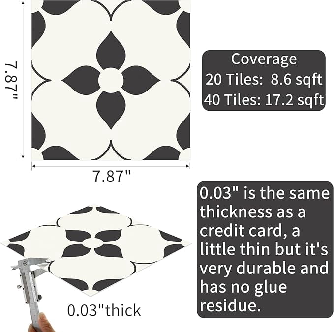 MORCART Peel and Stick Floor Tile Star Waterproof Vinyl Flooring DIY Flooring for Bathroom, Kitchen, Fireplace, Pet House, Stairs, Bedrooms, Wall, Store(20PCS,7.87" x 7.87",Black+white)