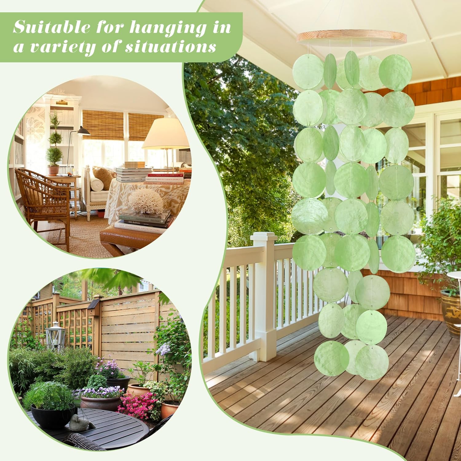 Sinkoo Wind Chimes for Outside - Handcrafted Green Capiz Shells Windchime Coastal Style Decor for Indoor/Outdoors, Garden Decor, Great for Family Friend, Wind Chimes Lovers and More