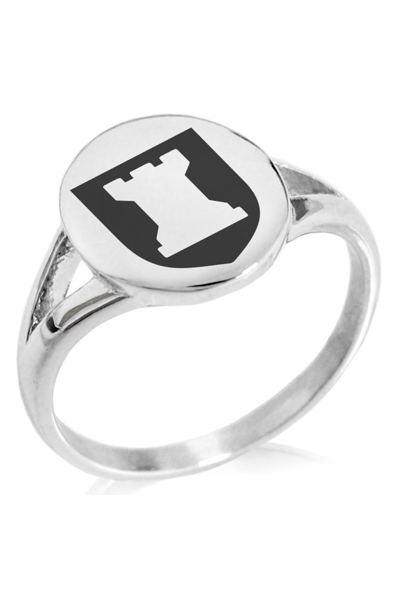 Stainless Steel Rook Strategy Coat of Arms Shield Minimalist Oval Top Polished Statement Signet Ring