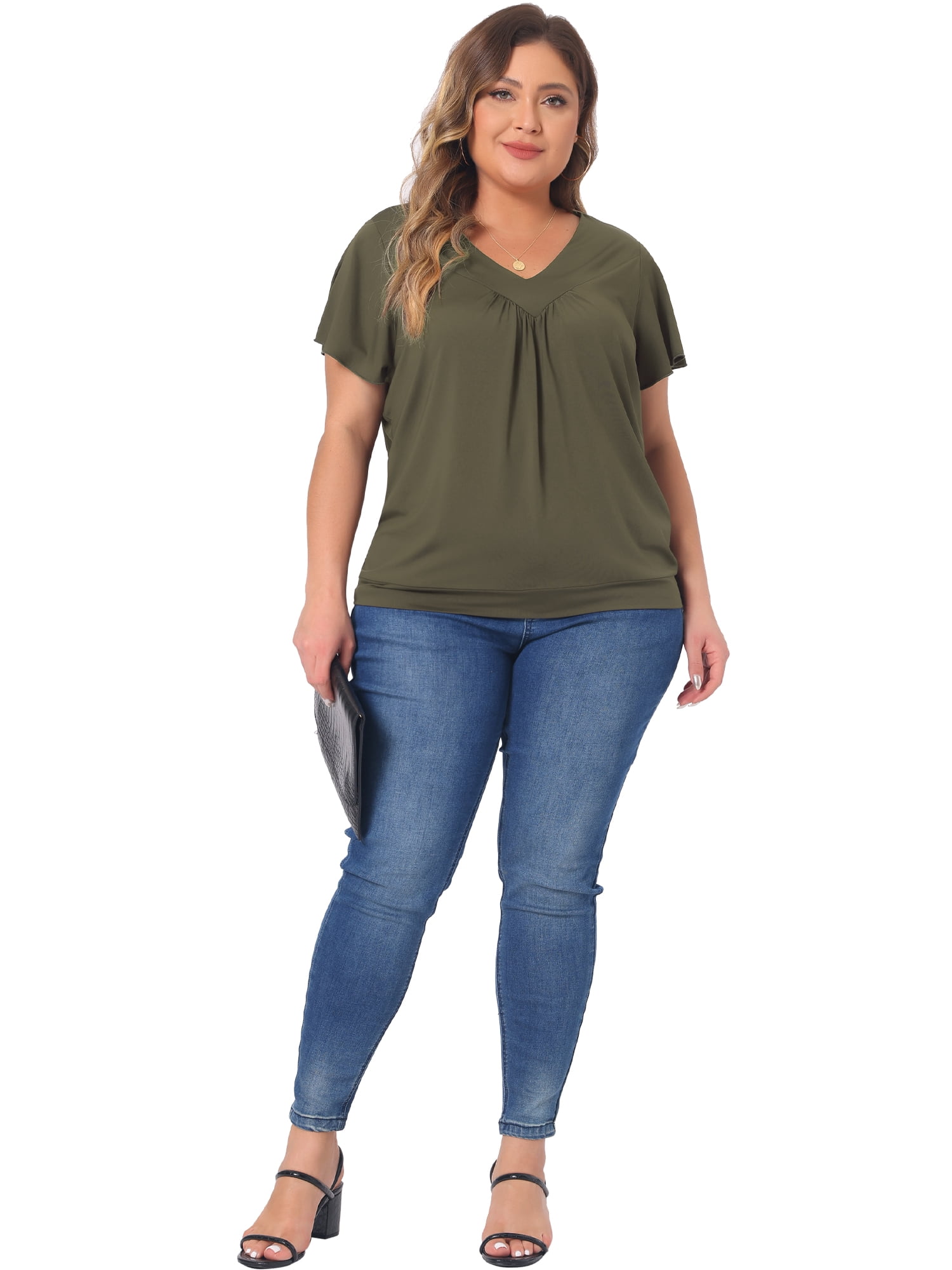 DARING DIVA Women's Plus V Neck Ruffle T Shirt Tee Tops 4X Green