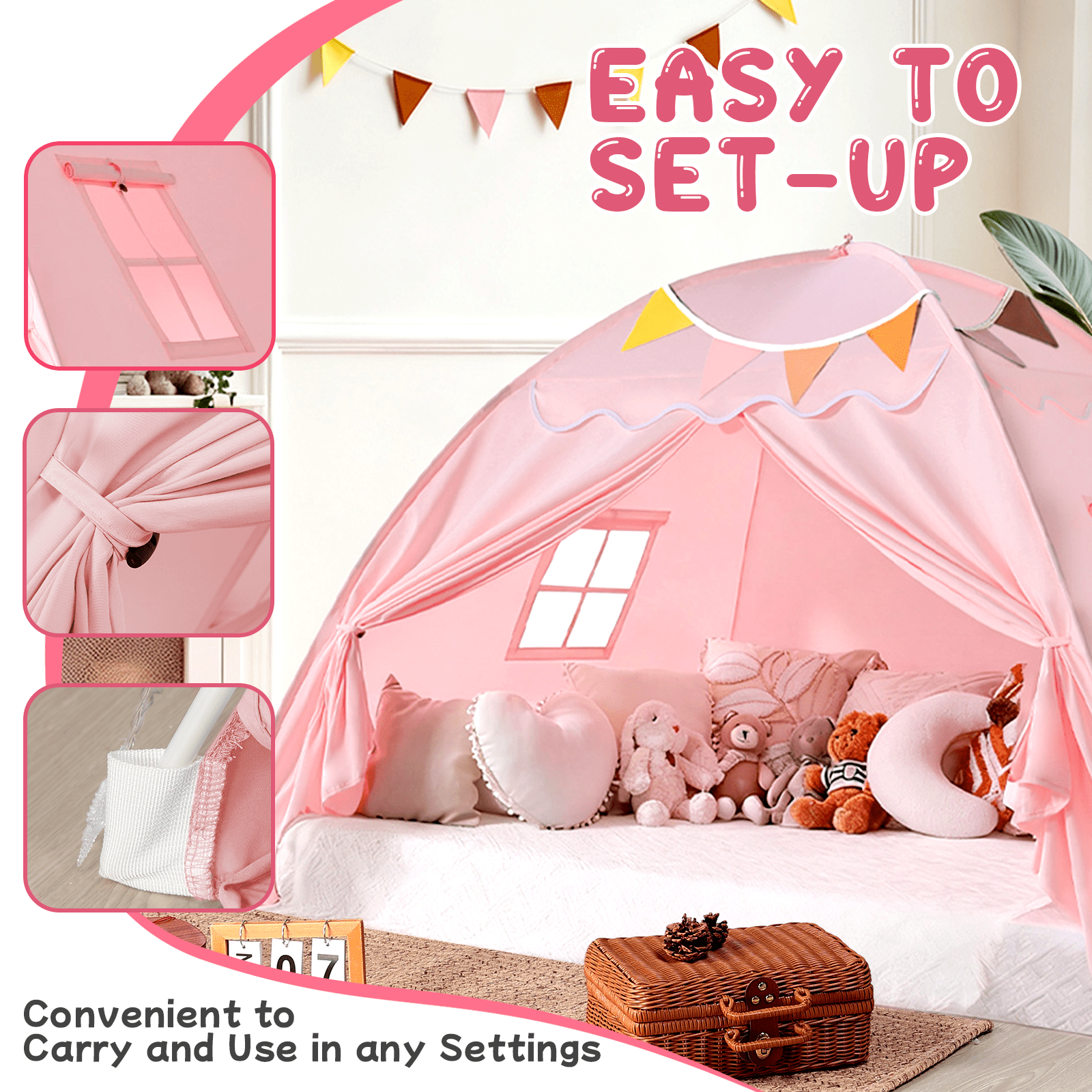 SweHouse Toddler Bed Canopy Lights & Flags Sleeping Playhouse Tent, Portable Indoor Privacy Play Space. Foldable Drafty Room Tent for Boys & Girls, Kids Birthday Gifts Golden Beige Large Size (Pink)