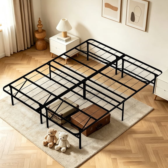 WLLJOY Queen Bed Frame Folding Metal Platform Bed Frame with Heavy Duty and Strong Bearing Capacity, 14 Inches High, Black