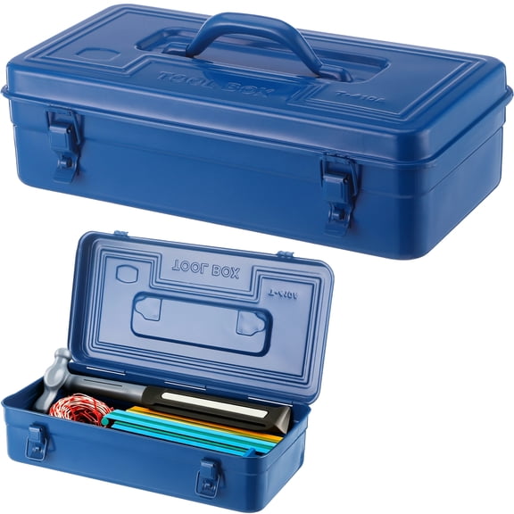 Steel Storage Box with Hinged Lid, Large Rectangular Empty Metal Box with Handle, Metal Organizer with Dual Secure Buckles for Home Use, Household Tools, Office Supplies, Blue