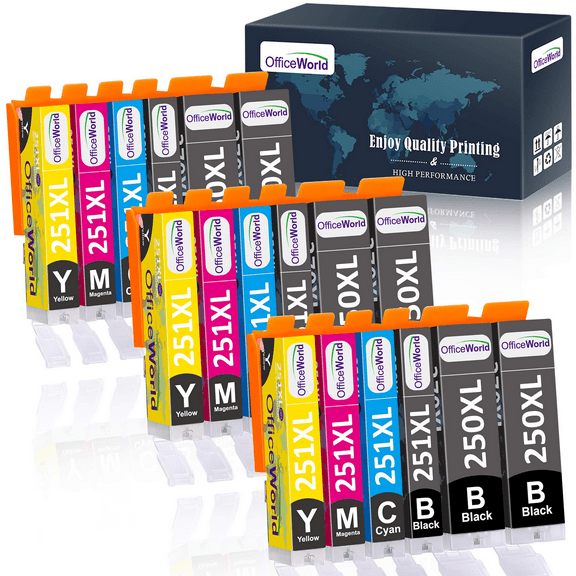 OfficeWorld 250 251XL Ink Cartridge Replacement for Canon PGI-250XL PGI250 XL CLI-251XL CLI251 XL Compatible with Pixma IP8720 MG7520 MG7120 MG6320 , Black Cyan Magenta Yellow, 18PCS