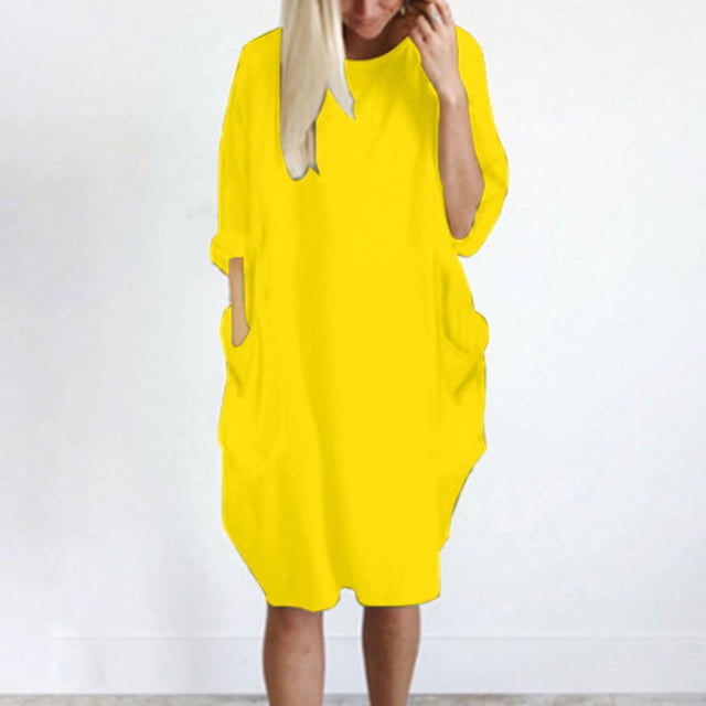 LSLJS Womens Pocket Loose Dress Ladies Neck Casual Long Tops Dress Plus Size