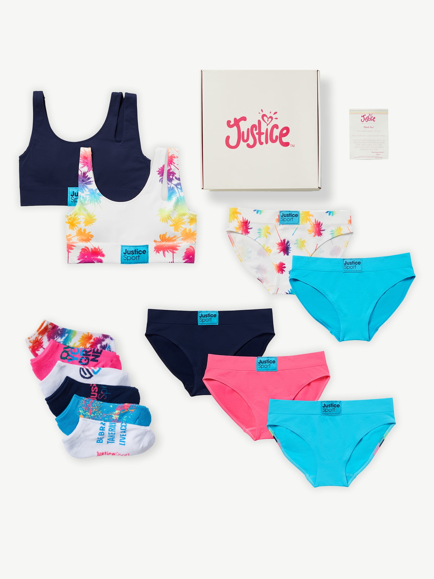 Justice Girls Gift Box Including 2 Pack Sport Bra, 5 Pack Bikini