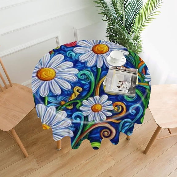 RKSupls 60 Inch Round Tablecloth, Daisy Flower Pattern Premium Polyester Straight Edge Wrinkle Resistant Washable Table Cover for Party Home Dining Decor