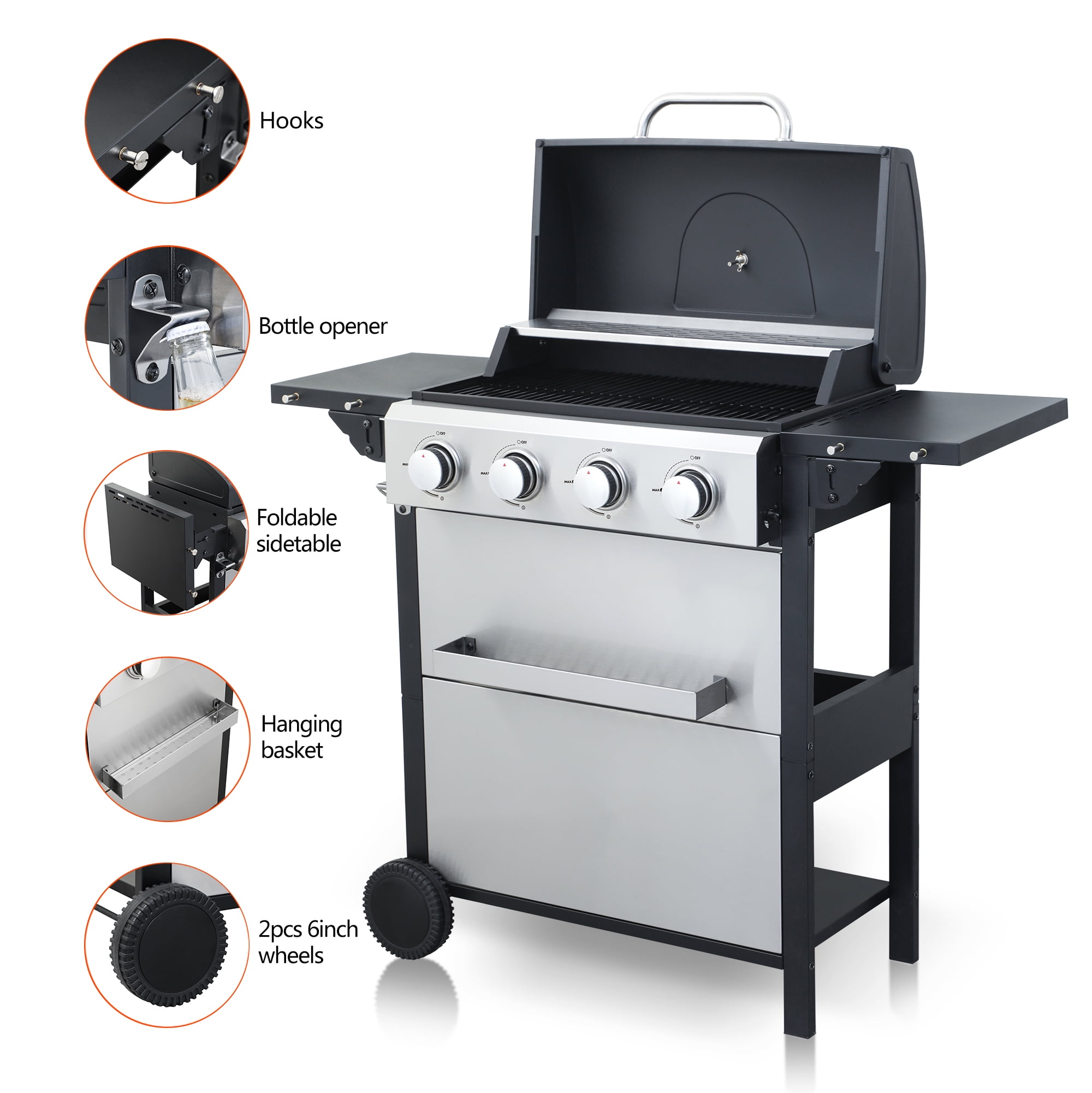 Enyopro 4 Burner Gas Grill, 37000 BTU Propane Gas Grill with 2 Universal Wheels, BBQ Grill for Outdoor Patio Camping