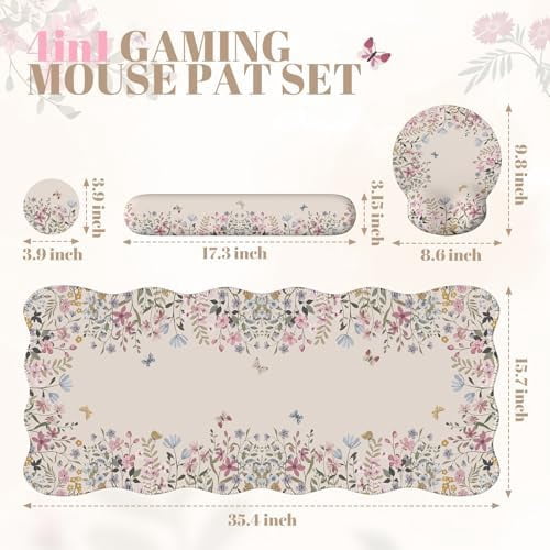 Tekola Desk Mat Set,Large Mouse Pad with Wrist Rest,Ergonomic Keyboard Wrist Support for Women,Girly Floral Computer Mat with Scalloped Edges,Non-Slip Desk Pad Home Office Gaming (Beige)