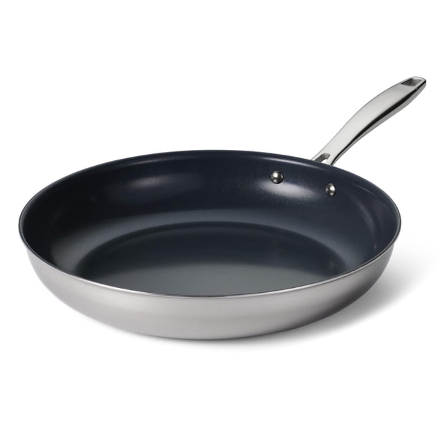 Sartén grande Tramontina Seattle de acero inoxidable con revestimiento triple de 12 pulgadas y interior cerámico antiadherente, apta para inducción, apta para horno y lavavajillas.