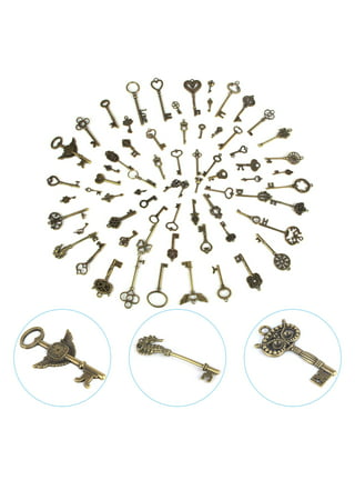 50 Skeleton Key Charms Antiqued Gold Heart Keys Miniature Tiny BULK Lot