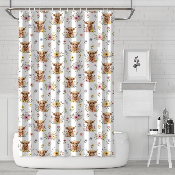 White Highland Cow Flower Pattern Shower Curtain 72"x72" ,Bathroom Decorative Shower Curtains Set with 12 Hooks,Modern Waterproof Washable Shower Curtain