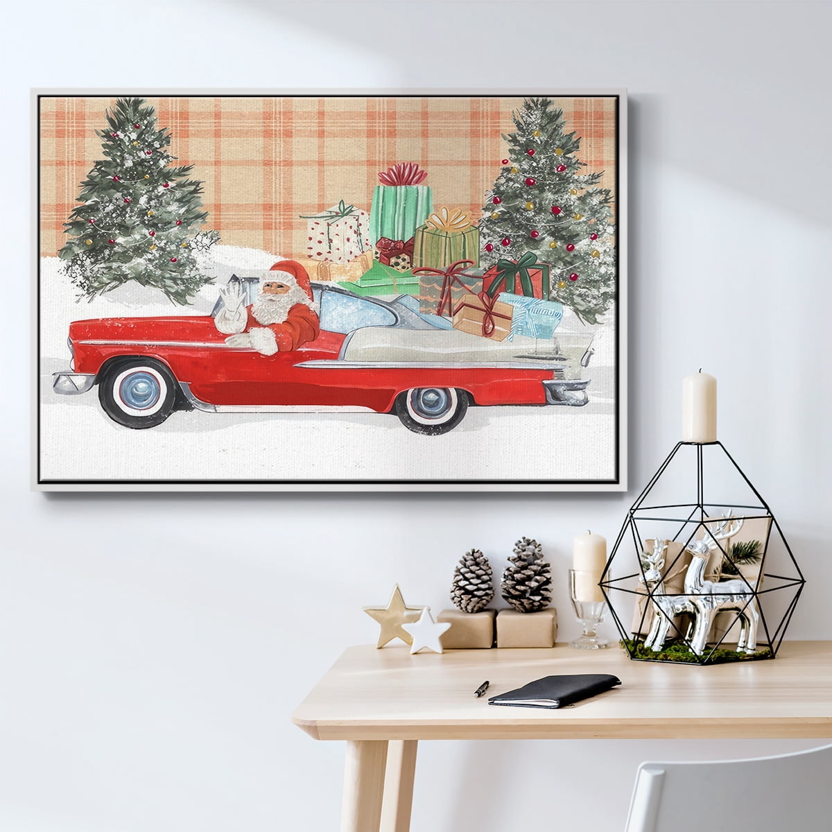 Santa on Wheels II - Framed Gallery Wrapped Holiday Canvas - 27 x 41 - White Frame