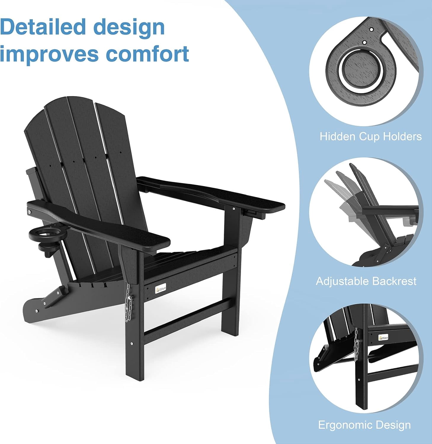Erinnyees 3-Level Adjustable Adirondack Chair, Wooden Textured, HDPE All-Weather Folding Fire Pit Chair with Cup Holder, Outdoor Chair for Poolside Deck Patio Garden Backyard Lawn Campfire