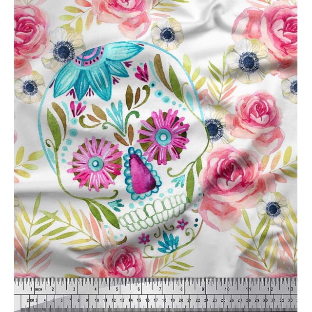 Soimoi Moss Georgette Fabric Skull,Rose & Anemone Flower Decor Fabric Printed Yard 42 Inch Wide