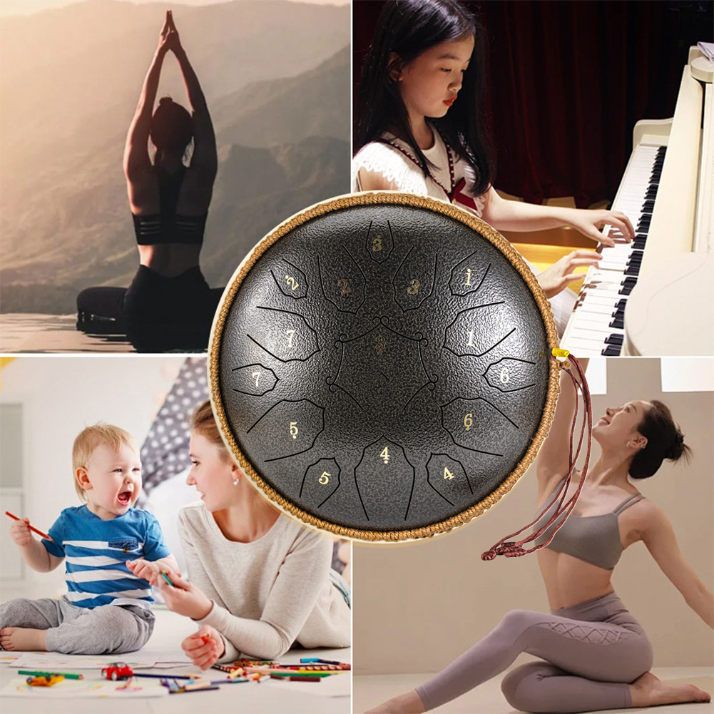Steel Tongue Drum 15 Note 12 Inch Percussion Instrument Handpan Drum C Key for Meditation Entertainment Concert Yoga with Travel Bag, Mallets, Music Book (Sand Color)