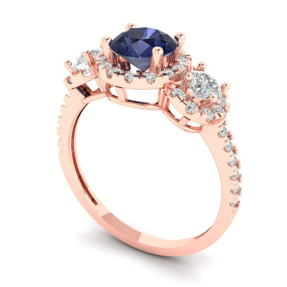 1.46 ct Round Cut Simulated Blue Sapphire Three-Stone Engagement Ring for Women in 18K Rose Gold
