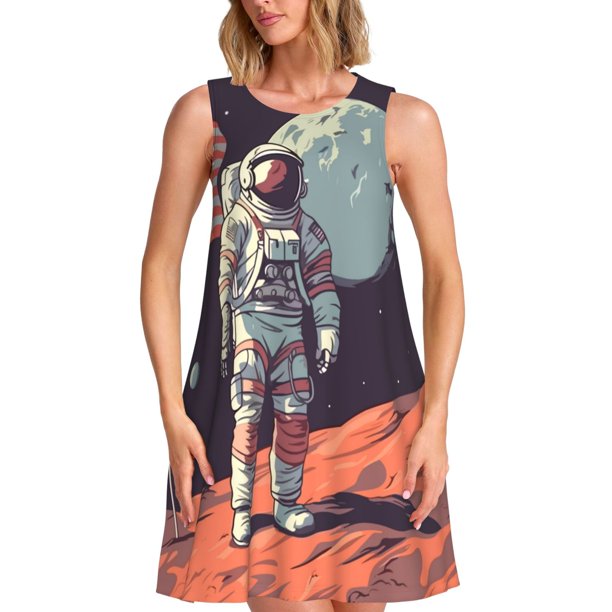 Fotbe Astronaut With American Flag Vestido de Verano sin Mangas para Mujer – Vestido Midi Línea A, Estilo Camiseta Floral, Vestido Playero Casual y Fluido