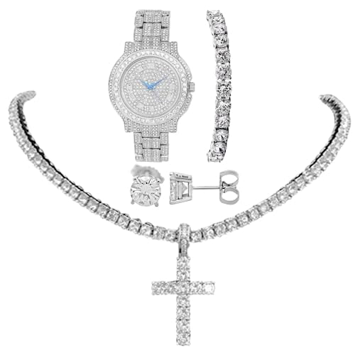 Women's Baguette Cut Iced Out Watch with Bling'ed Out Tennis Bracelet and Necklace with Matching Diamond Crystal Earing (L0504LA Trim SLV - 18")