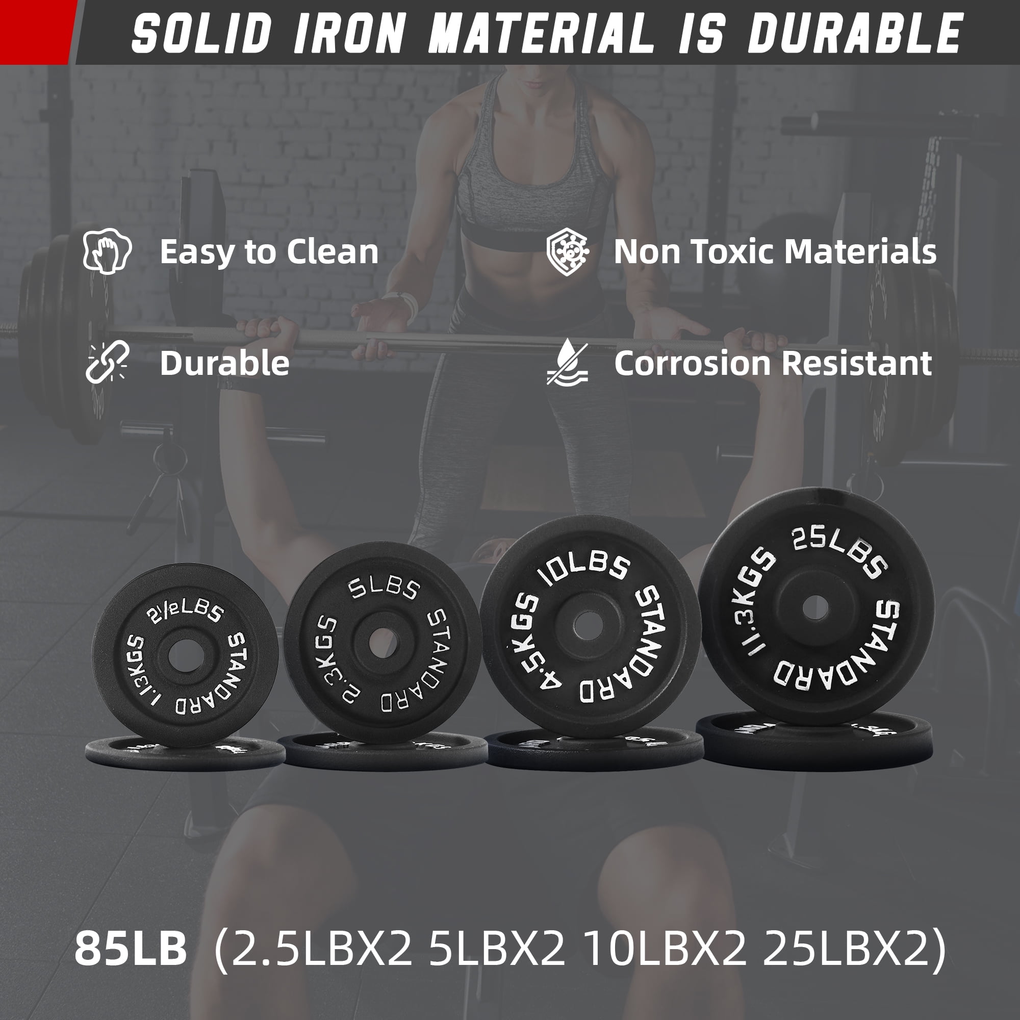 FlexWave 1-Inch Standard Cast Iron Weight Plate Set, 85LB Options, Multiple Sizes，for Strength Training & Weightlifting