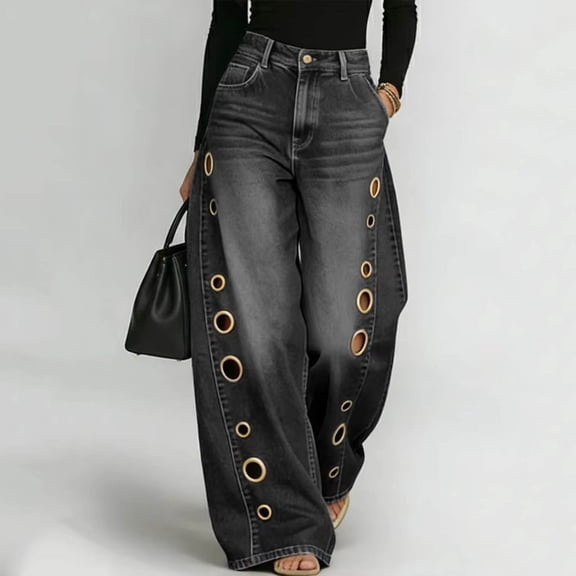 LVHAOGJOB Womens Straight Leg Jeans Baggy Denim Pants Wide Leg Stretchy Solid for Ladies Mid Rise