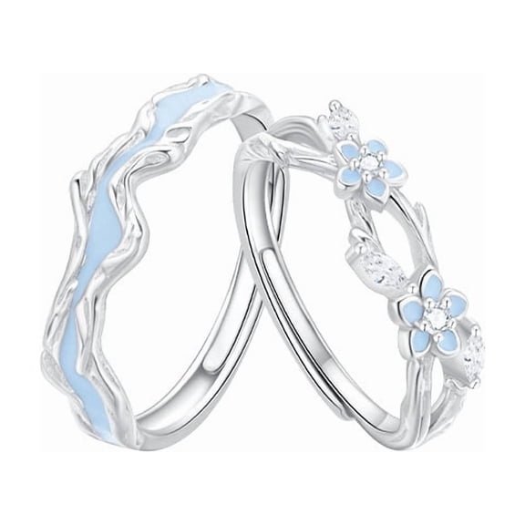 Luminous Glow in the Dark Couple Rings Set, Twisted Branch & Flower Open Adjustable Promise Bands, Cold Enamel Cubic Zirconia Matching Wedding Jewelry