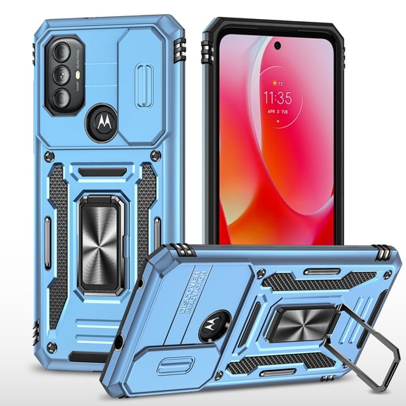Motorola Moto G Power 2022 Case with Lens Protection,Ring Holder Cover with Camera Cover & Kickstand Military Grade Shockproof Heavy Duty Protective Support Magnetic Car Mount Holder,Lightblue