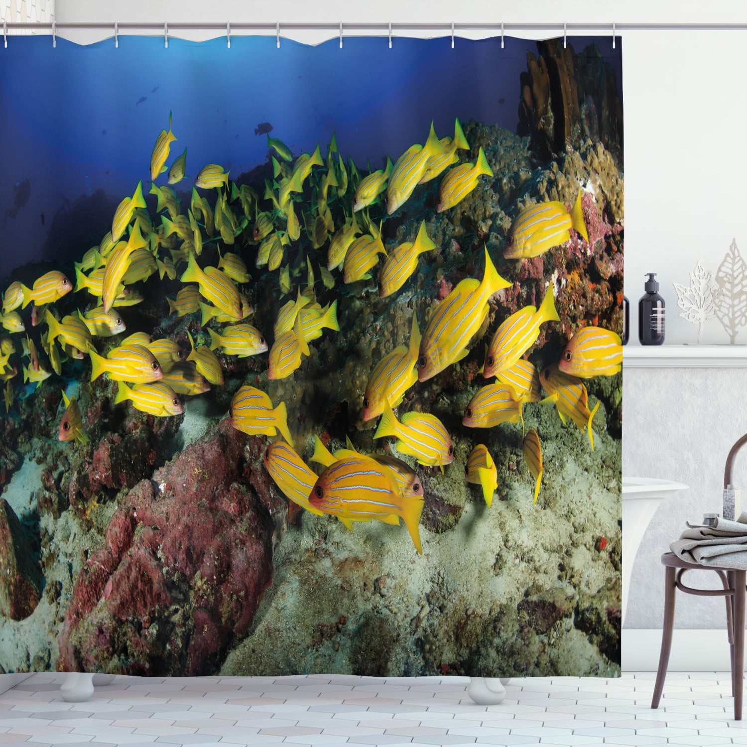 Sea Life Shower Curtain, Tropical Fish on a Coral Reef Hawaiian Ocean