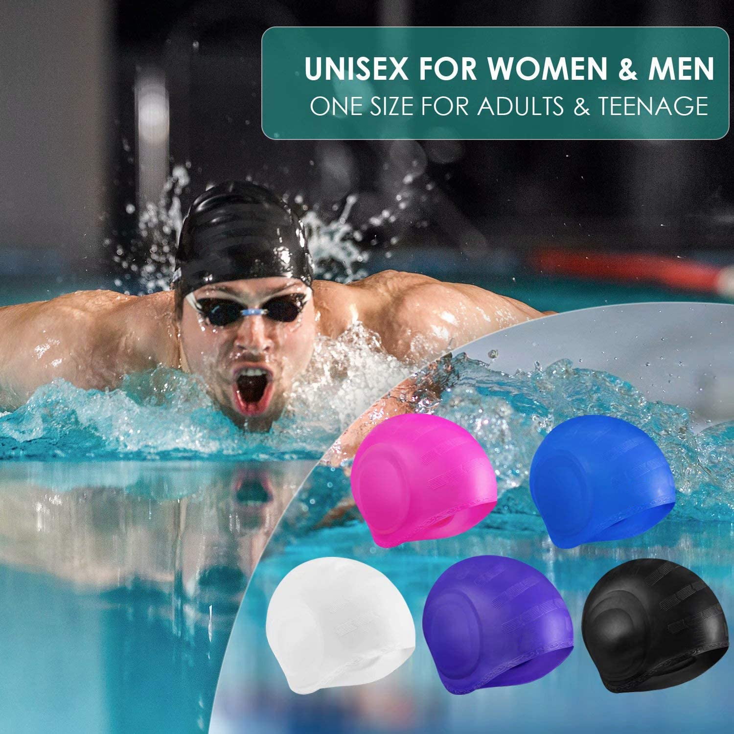 2 Pack Unisex Swim Caps with 3D Ear Protection, Durable Flexible Silicone  Swimming Hats for Women Men Kids Adults, Waterproof Bathing Swimming Caps  for Short/Long Hair with Ear Plugs and Nose Clip 