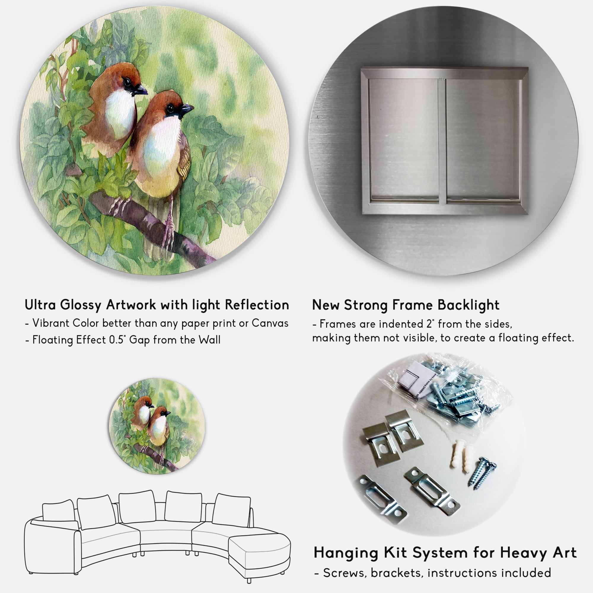 Designart 'Birds Of Spring Sitting On Branch' Traditional Circle Metal Wall Art 23x23 - Disc of 23