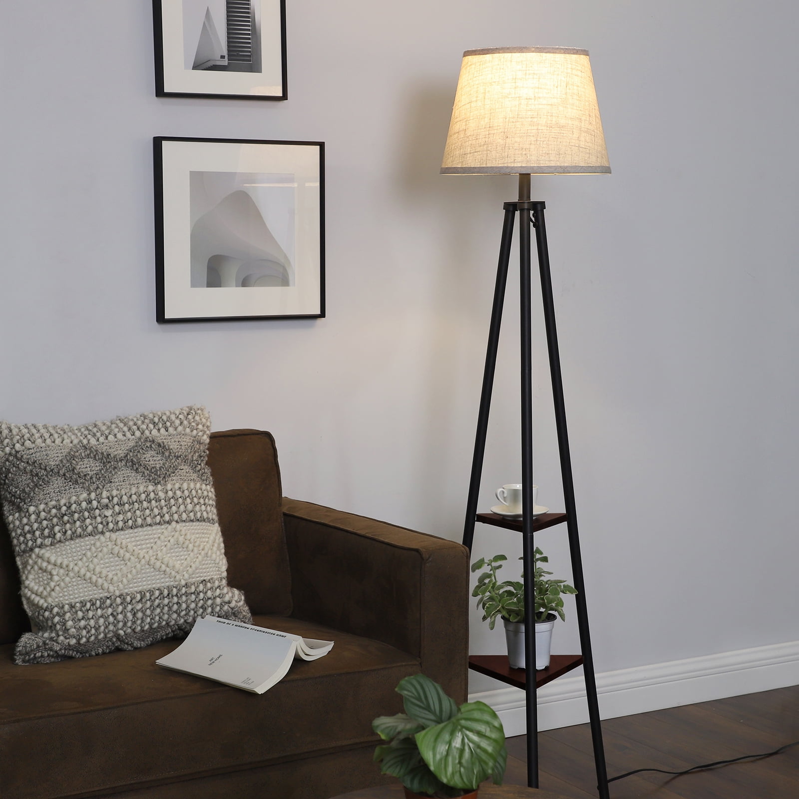 DEWENWILS 65 inch Modern Floor Lamp with Shelves,Wooden Standing