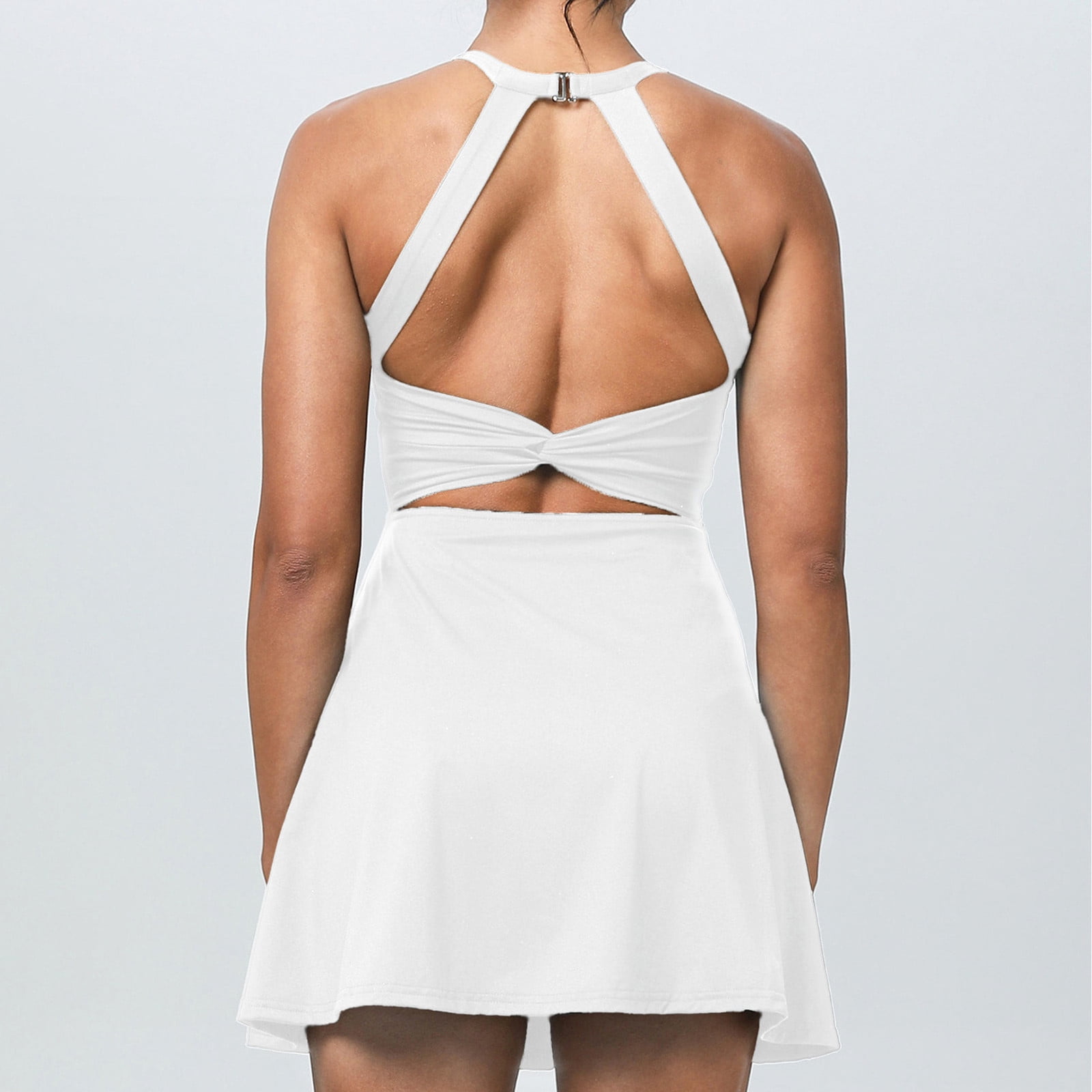 YUGYXL Tennis Dress with Built in Shorts Mini Athletic Dress for Women Summer Cutout Backless Sleeveless Golf Workout Dresses White L