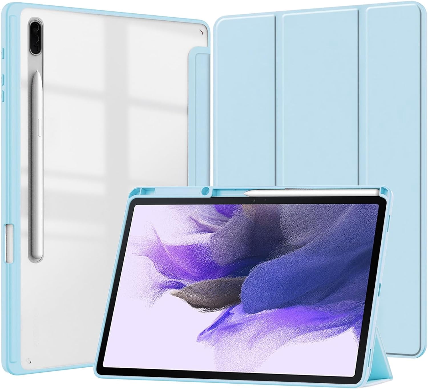 Slim Tablet Case for Samsung Galaxy Tab S7 FE 2021/S7 Plus 2020 12.4 Inch with Transparent Back Shell, Shockproof Clear Tri-Fold Protective Cover with S Pen Holder, Auto Wake/Sleep (Blue)