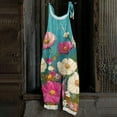 thumbnail image 2 of Women's Floral Print Jumpsuit - Vintage Strappy Cotton Linen Overalls for Summer Casual & Boho Style ,Cyan,L, 2 of 5