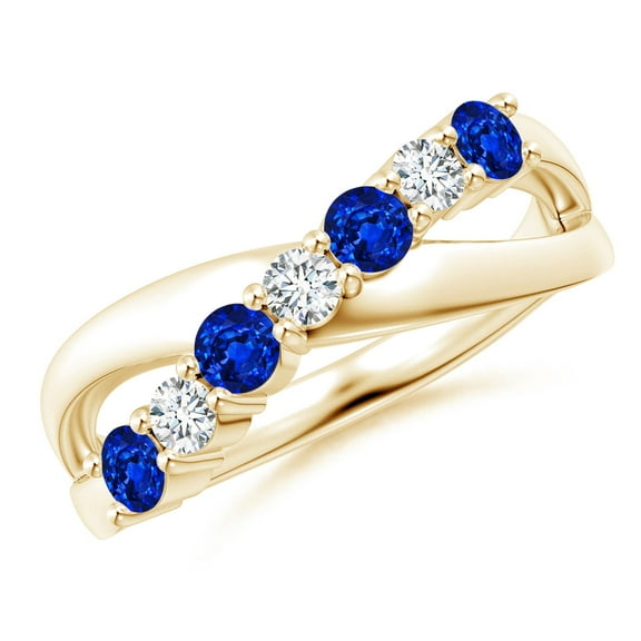 ANGARA Lab Grown Round Blue Sapphire and Diamond Crossover Ring for Women in 14K Yellow Gold (Size-3mm) | September Birthstone, Anniversary, Jewelry Gift for Women | Lab-Grown Blue Sapphire Ring