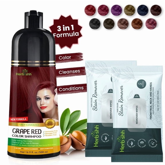 Herbishh Grape Red Hair Color Shampoo for Gray Hair with Pack 2 Hair colour stain remover, Hair Dye Shampoo 3 in 1, 100% Gray Coverage, Permanent Hair Color for Men & Women, Ammonia-free, 500 ml