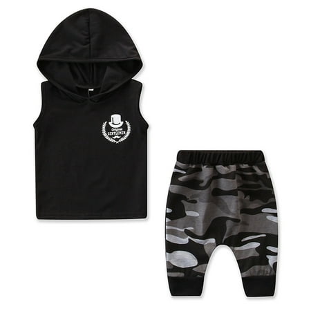 

StylesILove Baby Boys Black Hooded Tank Top and Camouflage Joggers 2pcs Cotton Outfit