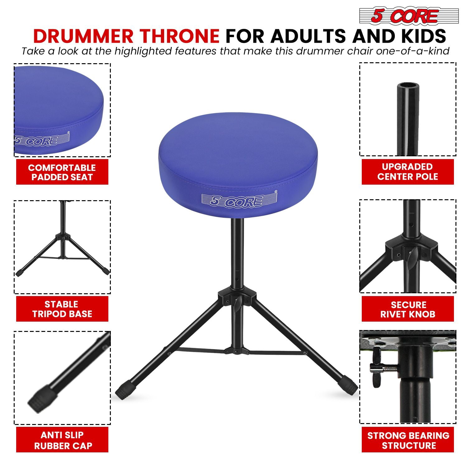 Adjustable Drum Throne Stool with 3" Thick Seat - 17" to 24" Height, 330 lbs Capacity, PU Leather & Iron Frame, Non-Slip Base for Drums/Guitar