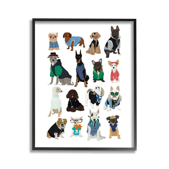 Stupell Industries Dogs with Various Fashion Animals & Insects Painting Black Framed Art Print Wall Art, 11 x 14