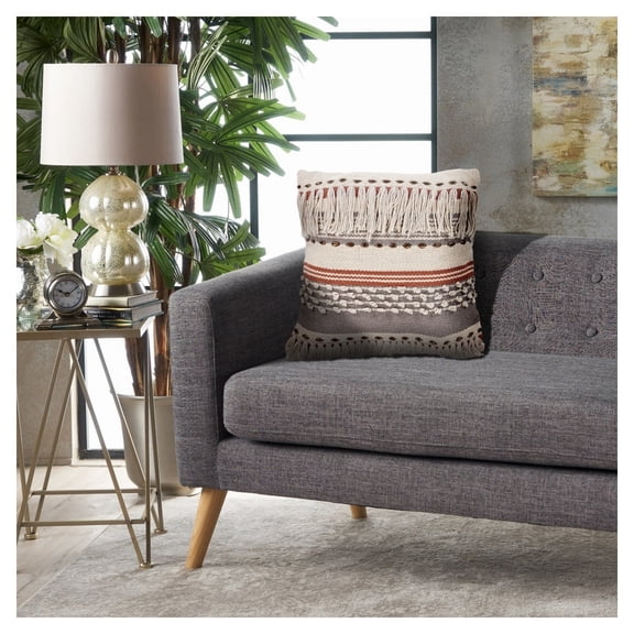 Laddha Home Designs Handwoven Striped Cotton Throw Pillow Cover - 18" - Beige and Orange