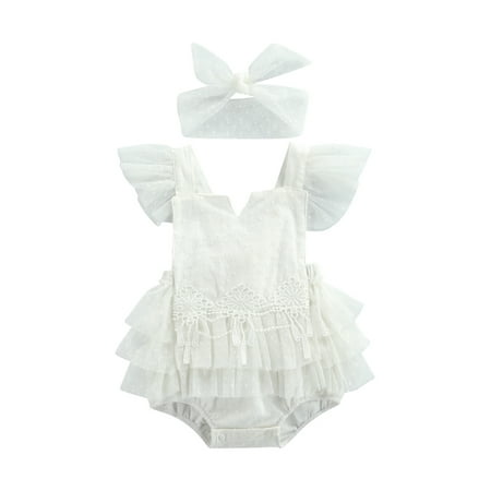 

Qiylii Baby Girls Romper Dress Lace Splicing Fly Sleeve Backless Bodysuit+Headband