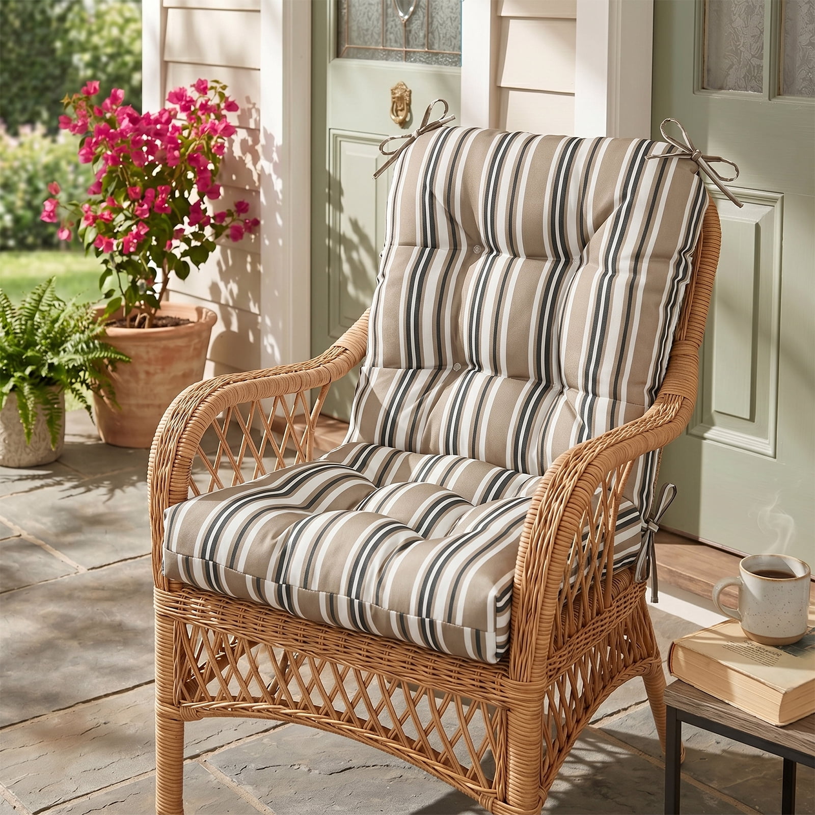 EAGLE PEAK Tufted Outdoor/Indoor Seat/Back Chair Cushions, Set of 2, 42'' x 21'', Beige Stripe